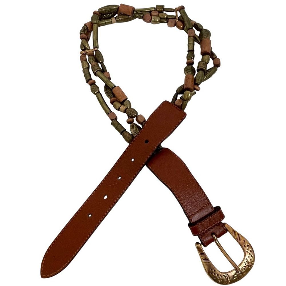 The Limited Brown Leather Belt Brass & Wood Beaded Bohemian Hippie Gypsy Women M